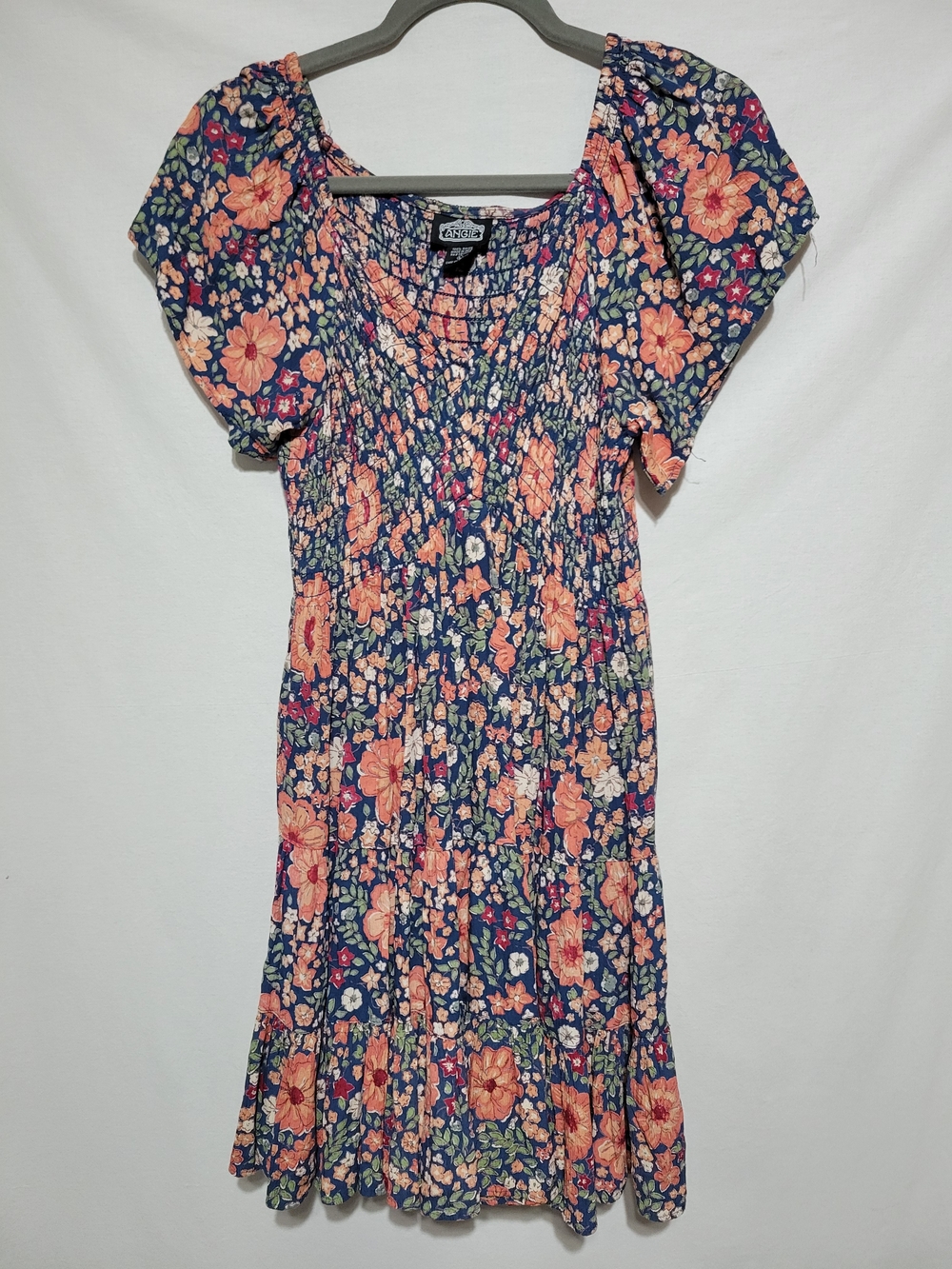 Floral Smocked Navy Midi Dress with Peach Blooms